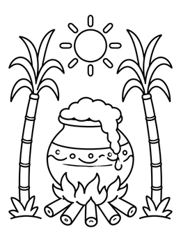 Free printable Pongal Pot With Sugarcane And Sun coloring page