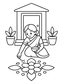 Free printable Woman Making Rangoli Outside Doorway coloring page