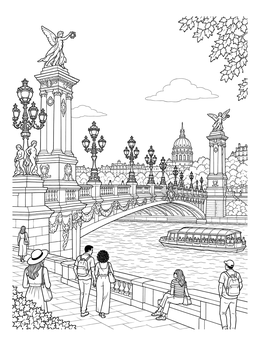 Strollers beside the Seine in this Paris coloring page showing the ornate Pont Alexandre III bridge.