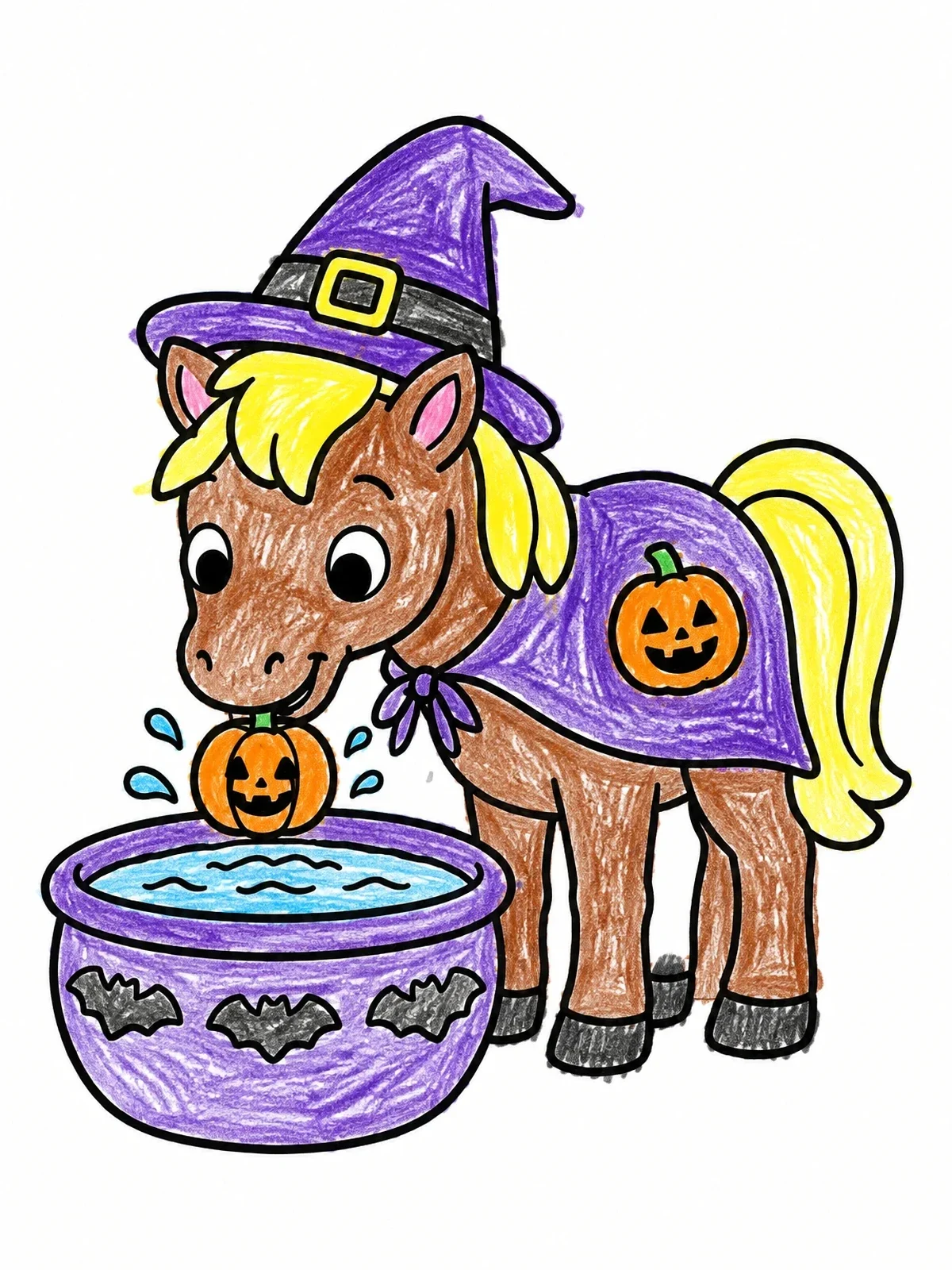 Colored example of the Pony Bobbing For Halloween Pumpkins coloring page