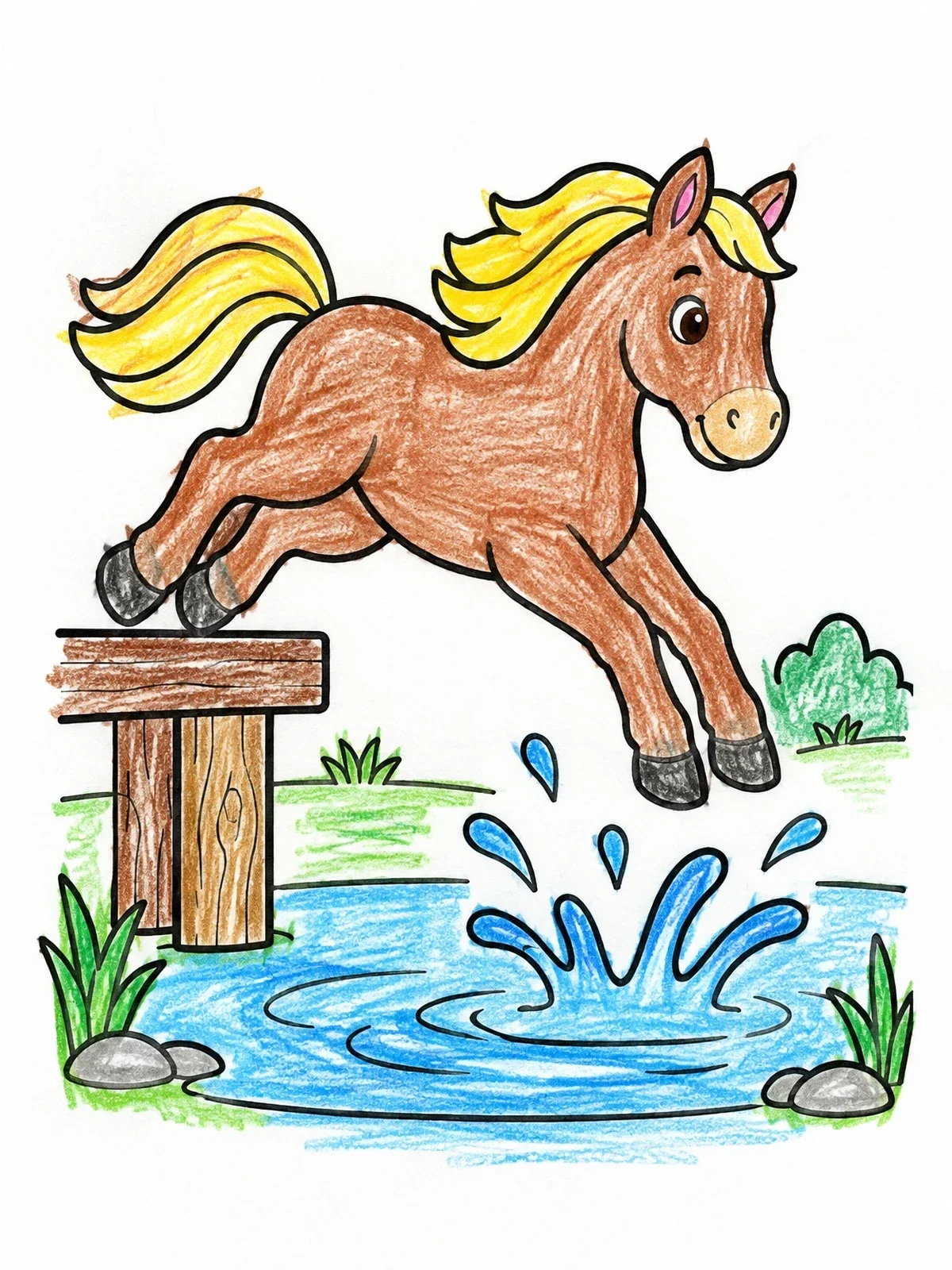 Colored example of the Pony Jumping Into Water coloring page