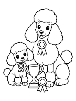 Two happy show dogs sit by an award cup in this poodle coloring page.