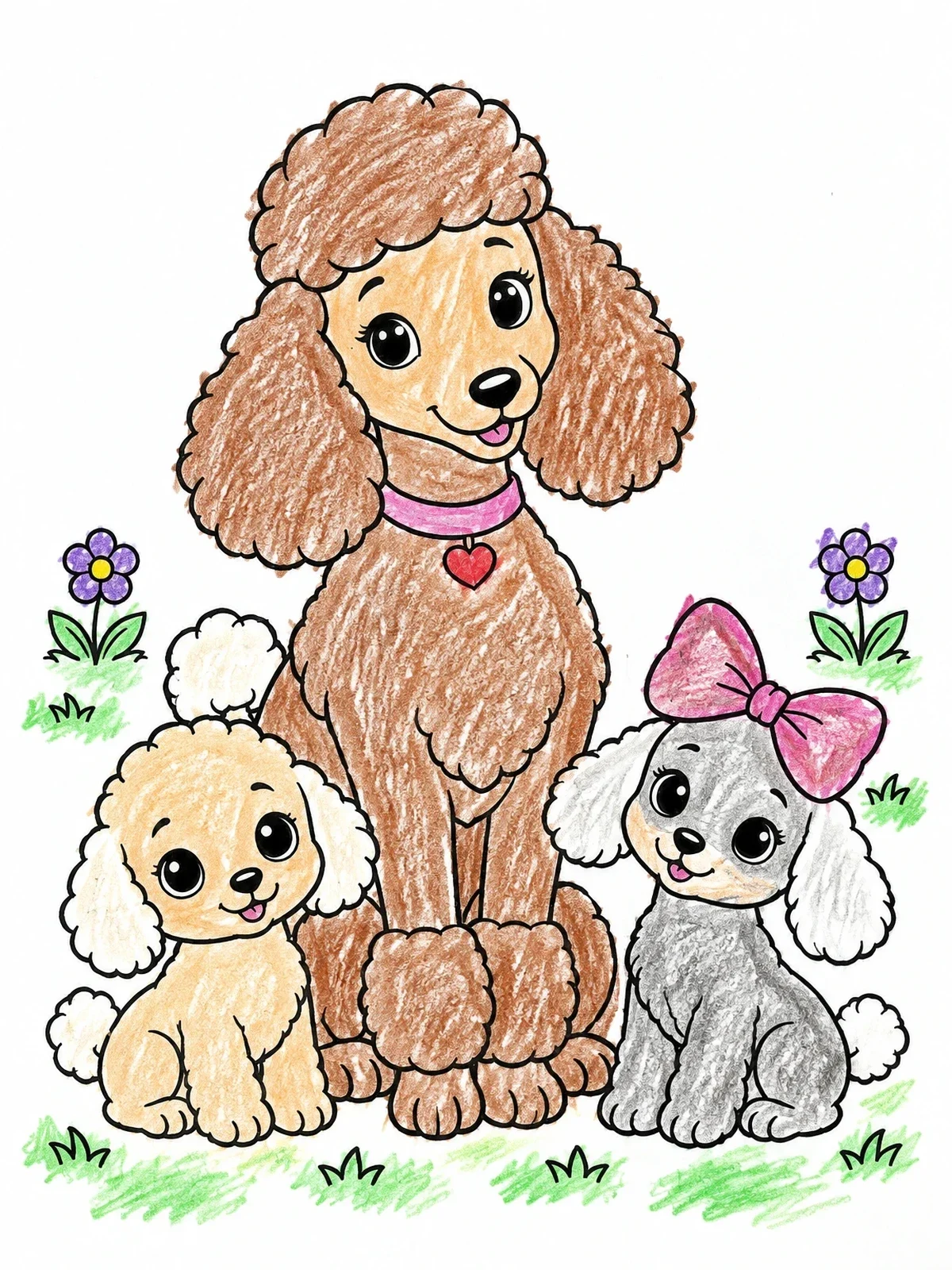 Colored example of the Poodle Mother And Cute Puppies coloring page