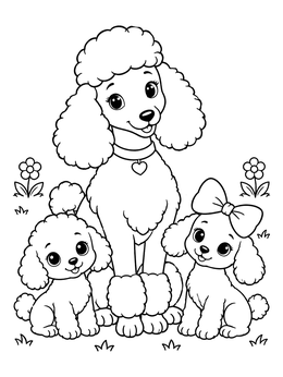 Free printable Poodle Mother And Cute Puppies coloring page