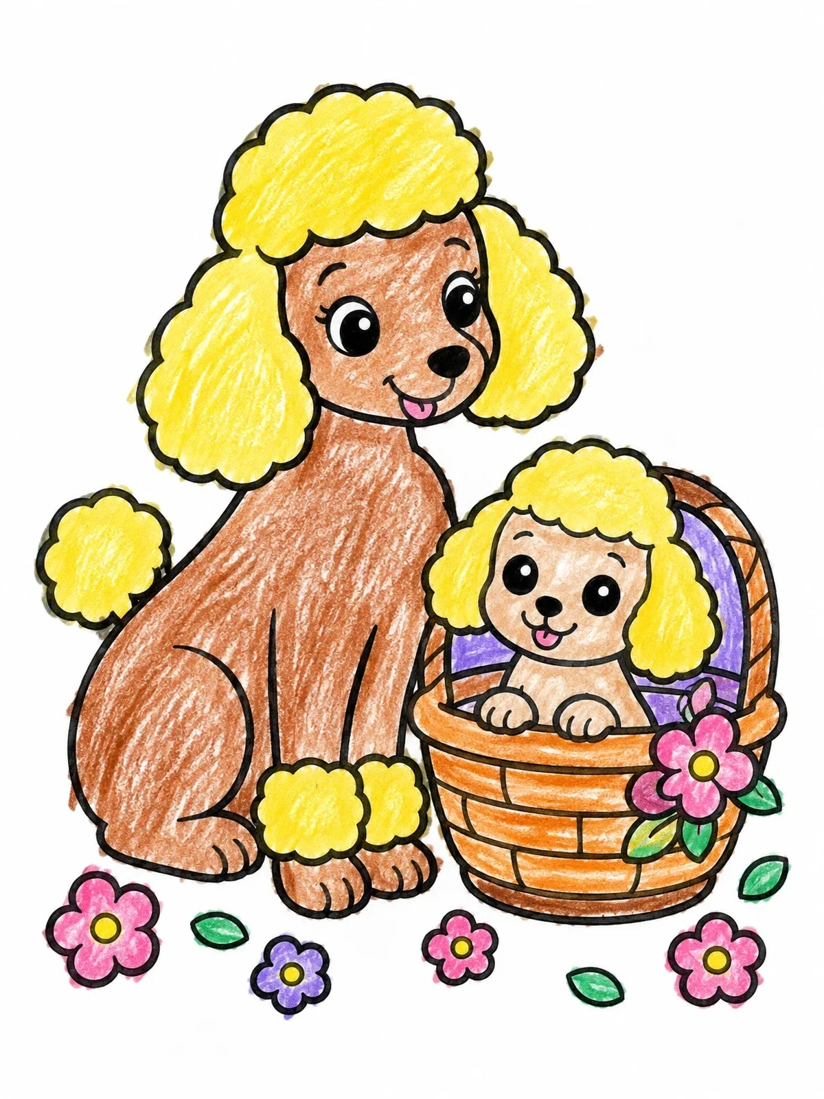 Colored example of the Poodle With Puppy In Basket coloring page