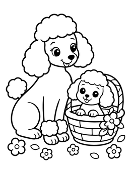 Free printable Poodle With Puppy In Basket coloring page