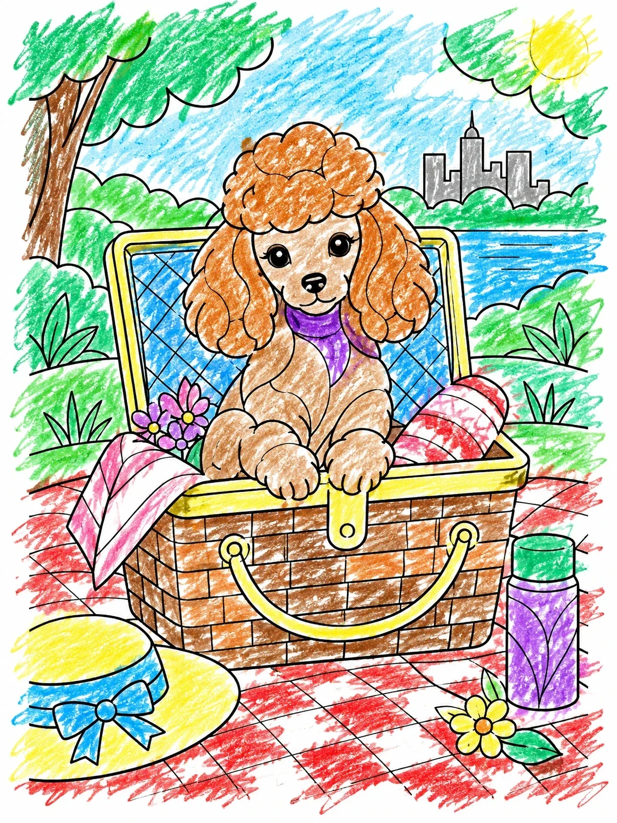 Colored example of the Poodle Puppy In Picnic Basket coloring page