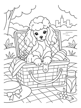 A sweet puppy sits in a basket on this poodle coloring page set in a sunny park.
