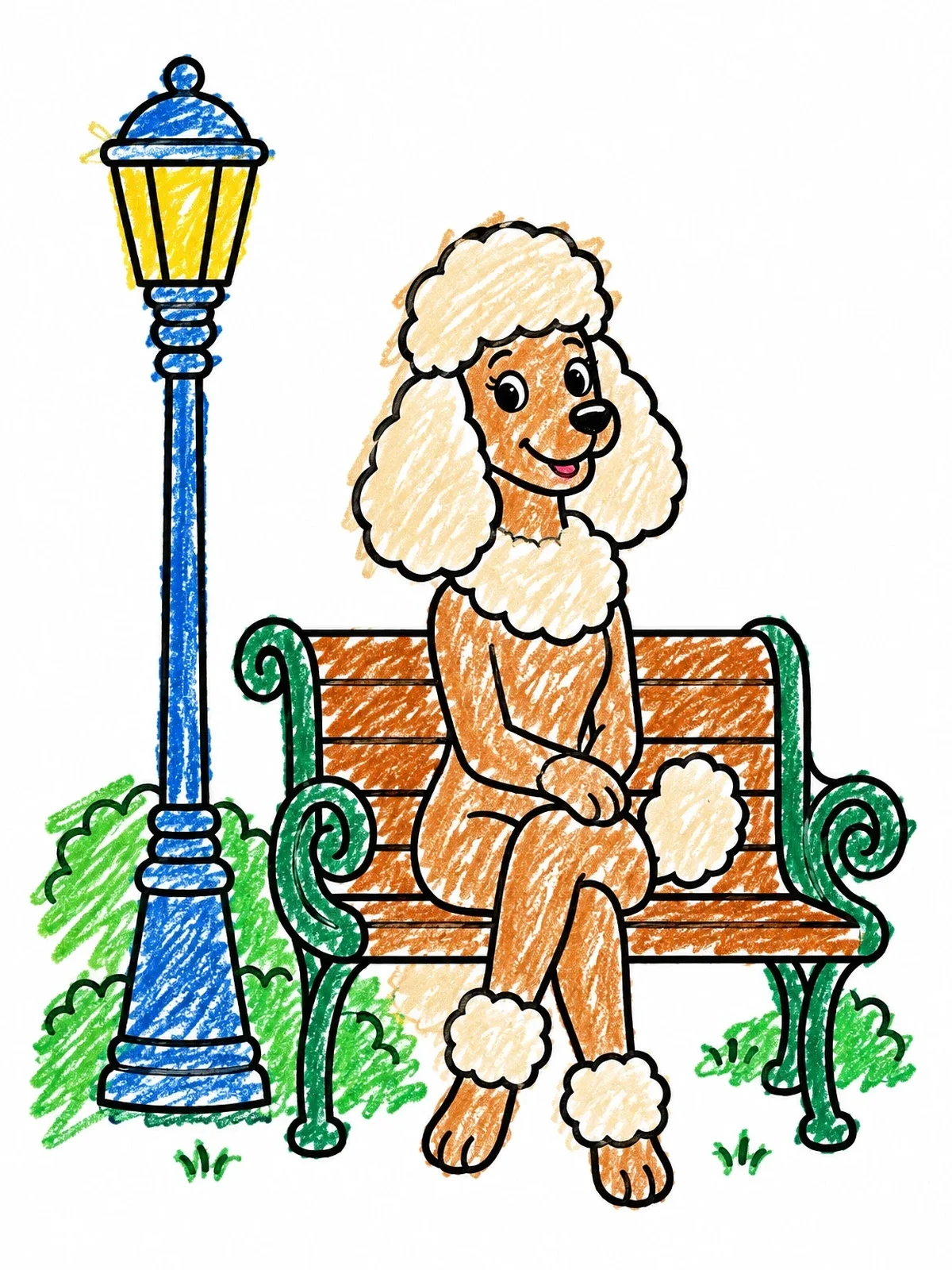 Colored example of the Cute Poodle On Park Bench coloring page