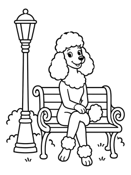 A happy poodle coloring page featuring an anthropomorphic dog seated on a park bench.