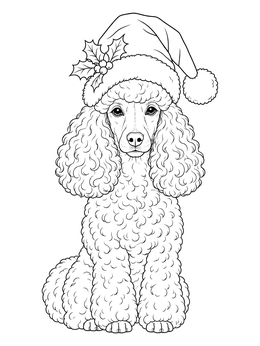 An elegant poodle sits calmly in this santa hats coloring page featuring holly decorations.