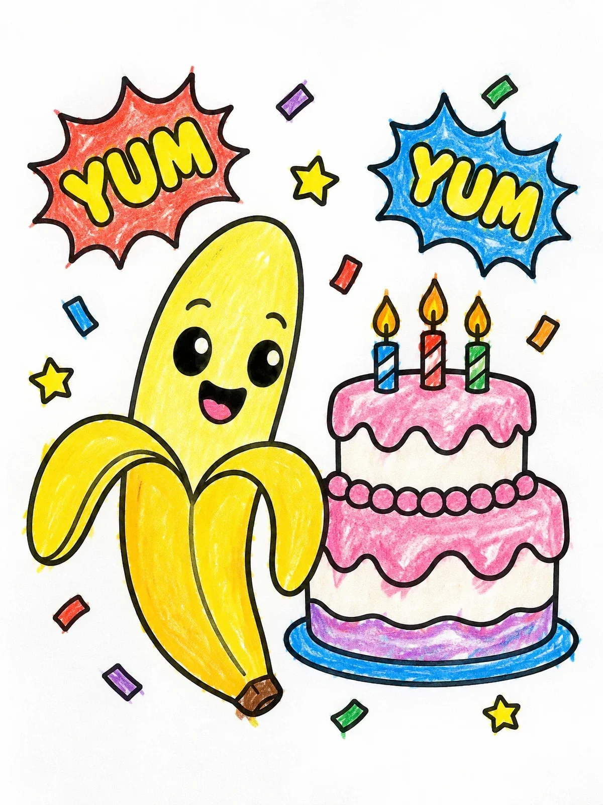Colored example of the Pop Art Banana And Birthday Cake coloring page