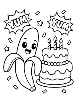 A happy peeled banana beside a birthday cake on this pop art coloring page with comic sound bursts.