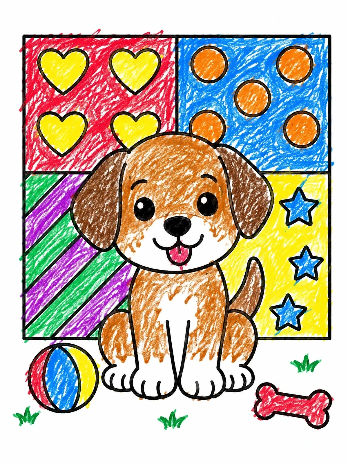 Colored example of the Cute Puppy And Patterned Squares coloring page