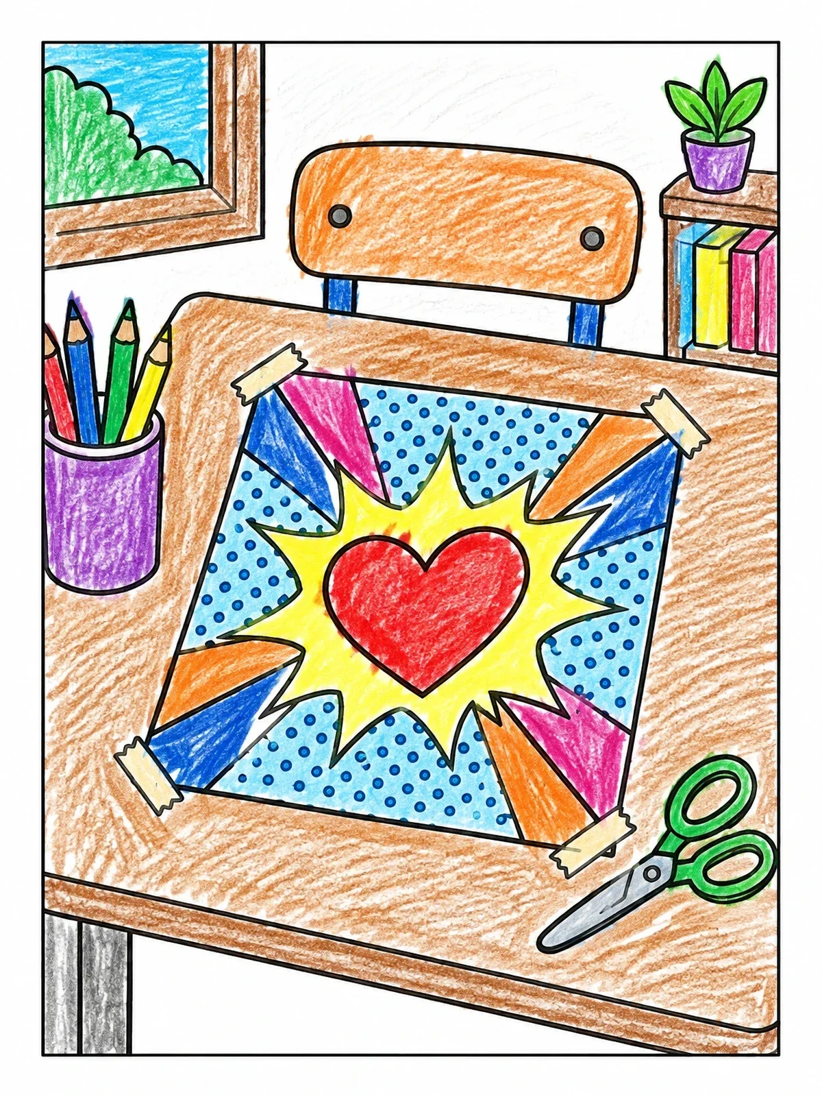 Colored example of the Pop Art Heart Poster On Desk coloring page