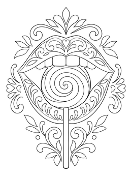 A decorative pop art coloring page featuring ornate lips tasting a swirl lollipop.