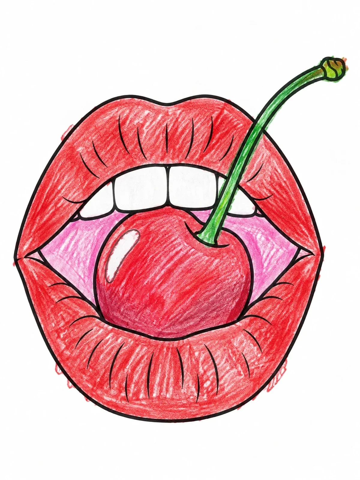 Colored example of the Pop Art Lips With Cherry coloring page