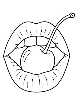 A pop art coloring page featuring bold lips holding a ripe cherry.