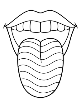 An open smiling mouth with a wavy striped tongue in this pop art coloring page.