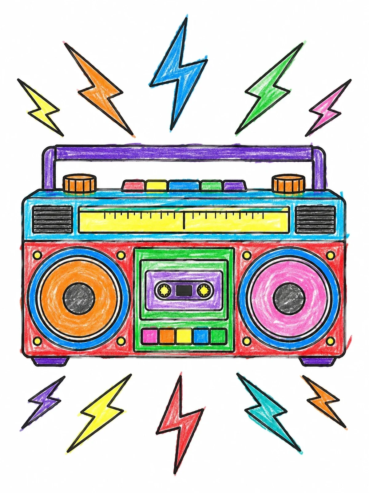 Colored example of the Retro Boombox With Lightning Bolts coloring page