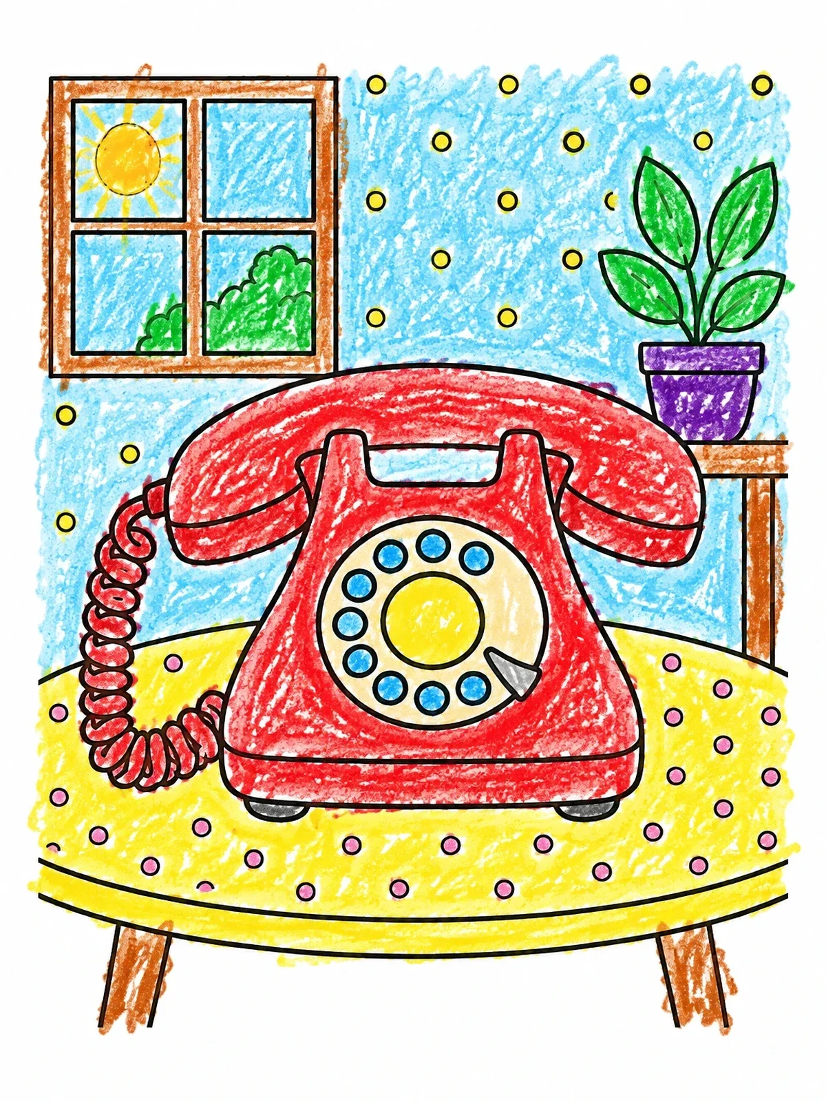 Colored example of the Retro Rotary Telephone In Cozy Room coloring page