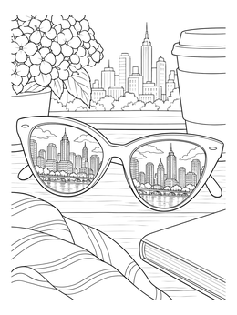 A stylish pop art coloring page featuring sunglasses reflecting a skyline on a balcony table.