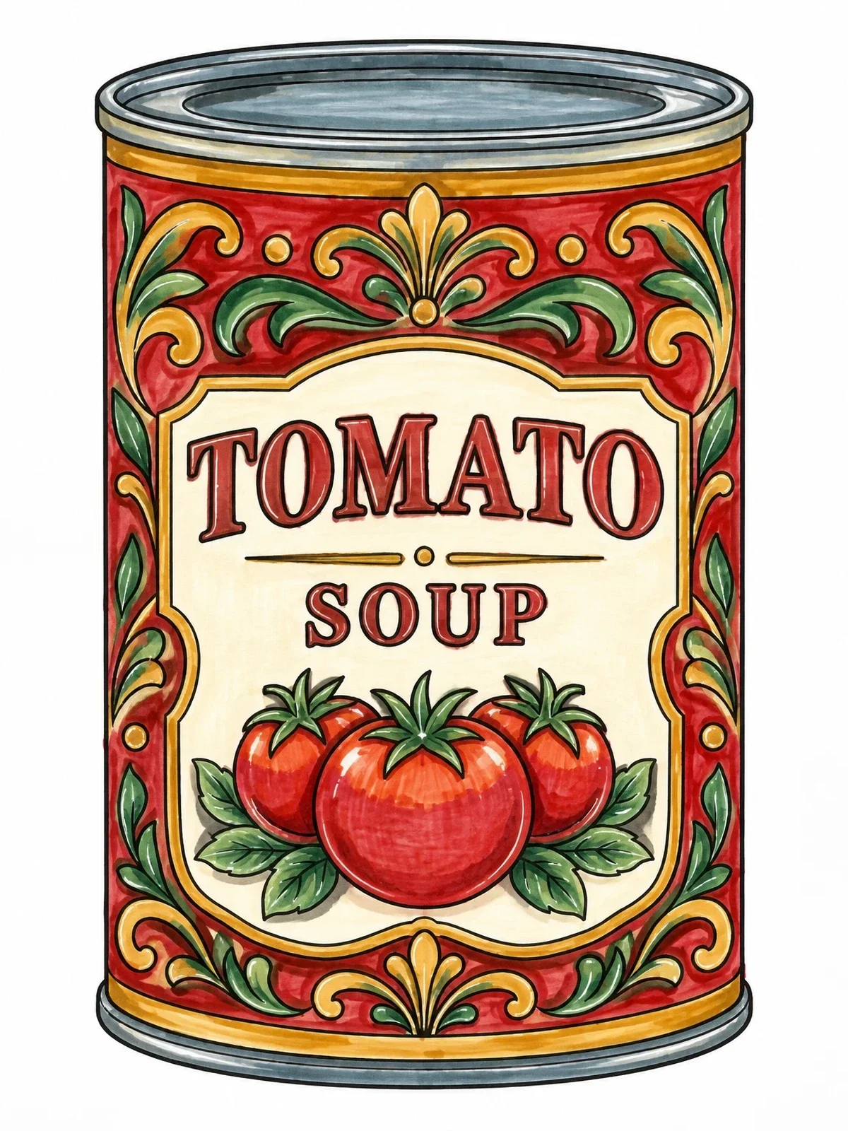 Colored example of the Vintage Tomato Soup Can coloring page
