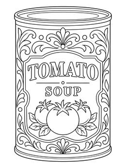 A vintage-style tomato soup can featured in this pop art coloring page with ornate decorative borders.