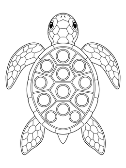 A sea turtle shaped pop it fidget toy coloring page with circular push bubbles on its shell.