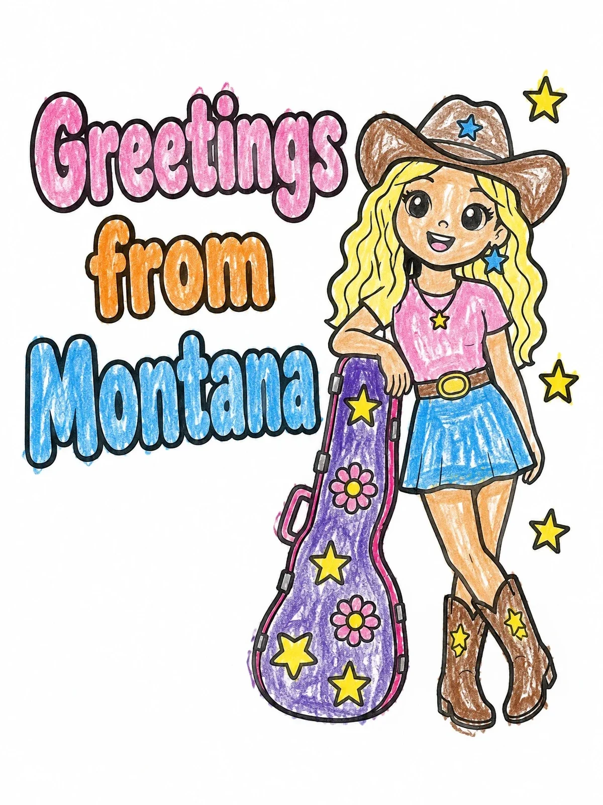 Colored example of the Pop Singer Greetings From Montana coloring page