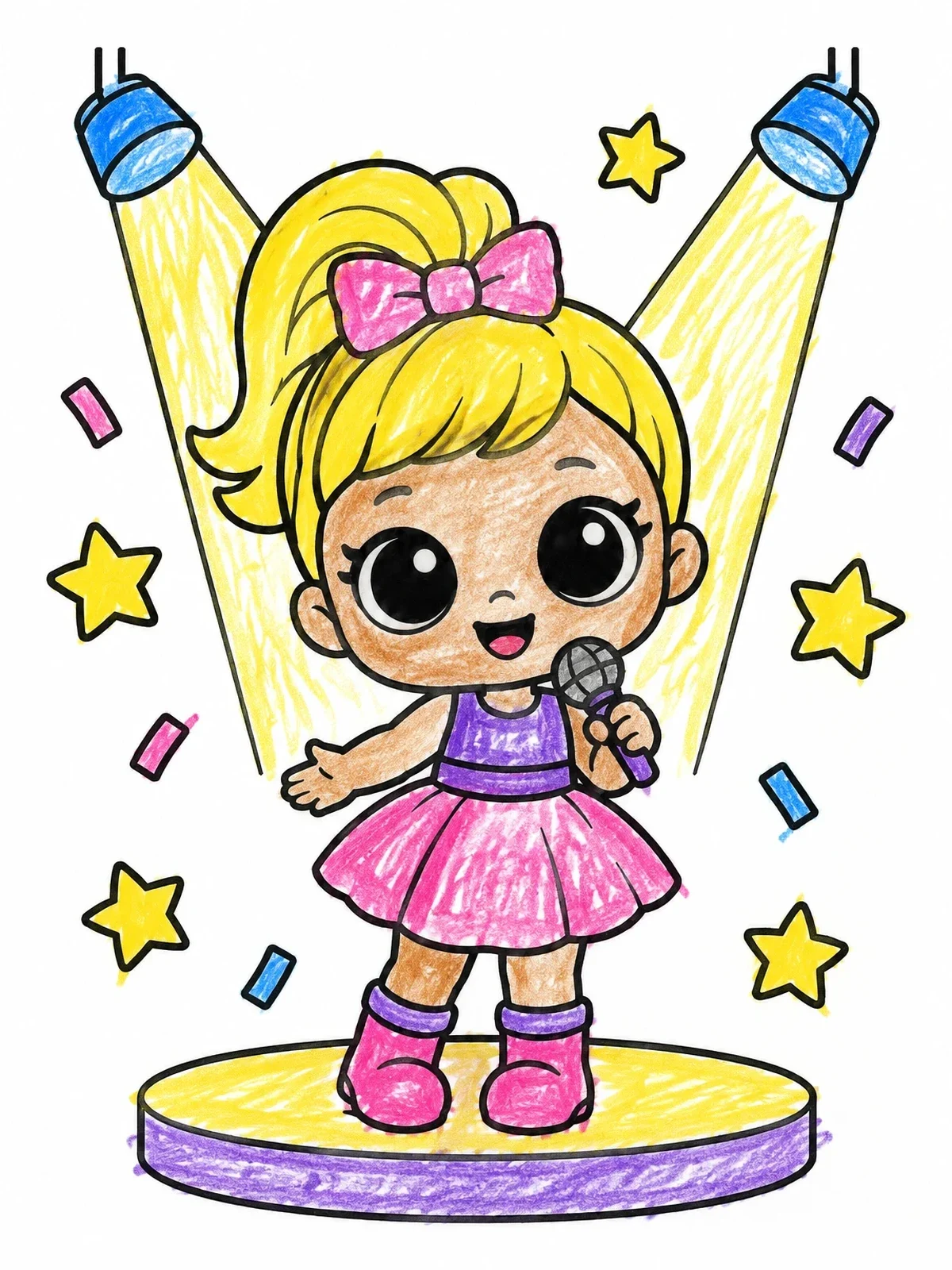 Colored example of the Pop Star Doll On Stage coloring page