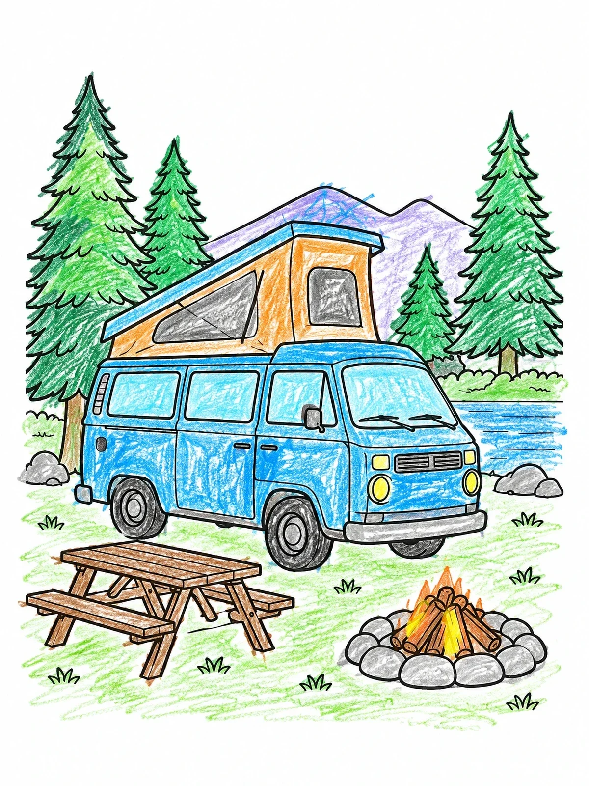 Colored example of the Pop Top Camper Van At Campsite coloring page