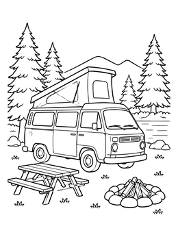 Free printable Pop Top Camper Van At Campsite coloring page
