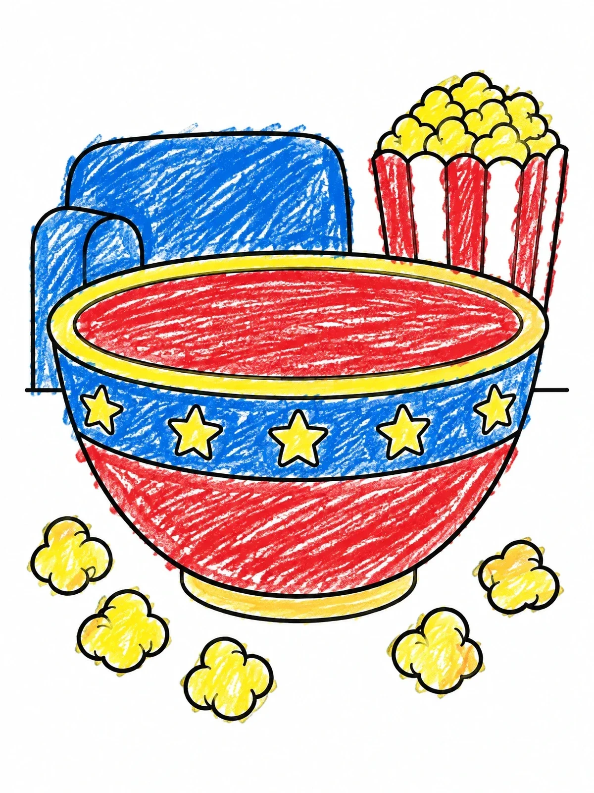 Colored example of the Popcorn Bowl With Star Pattern coloring page