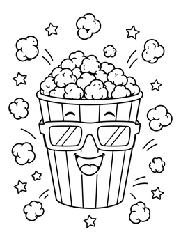 A cheerful movie night coloring page with a smiling popcorn bucket in 3D glasses.