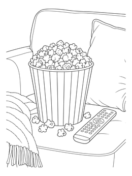 Free printable Popcorn Bucket On Cozy Sofa coloring page