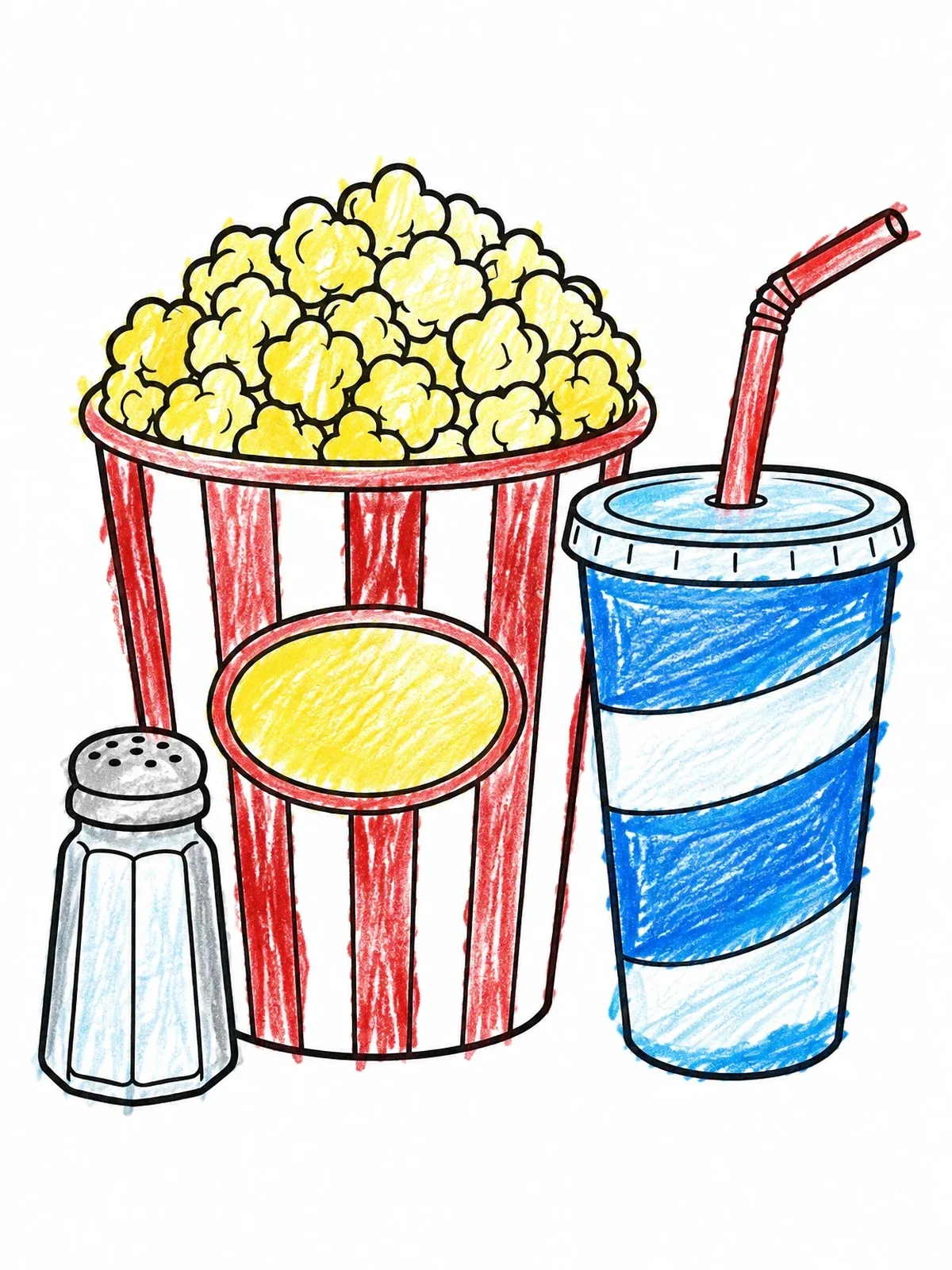 Colored example of the Popcorn Bucket With Soda And Salt coloring page