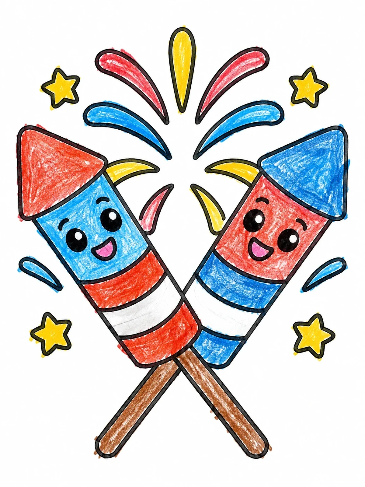 Colored example of the Cute Crossed Rocket Pops With Fireworks coloring page