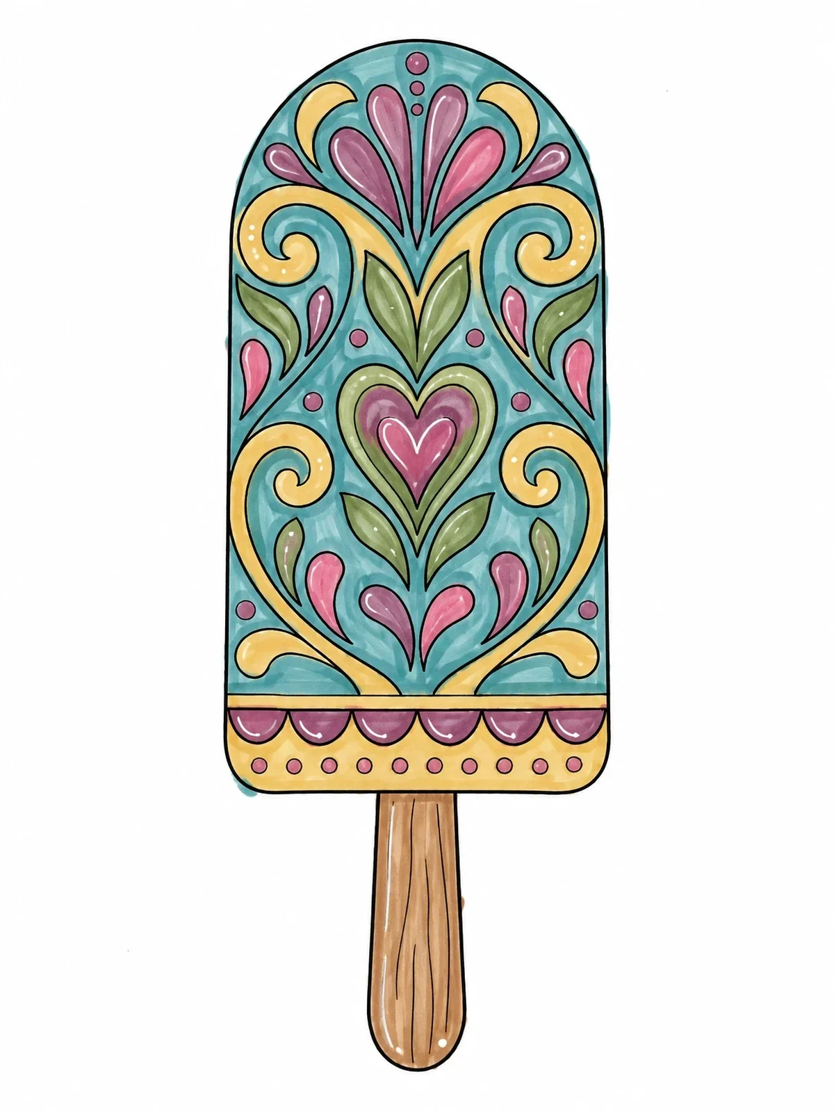 Colored example of the Ornate Patterned Ice Pop coloring page
