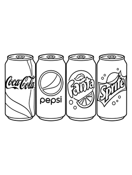 A lineup of famous soda cans on this crisp soda coloring page.