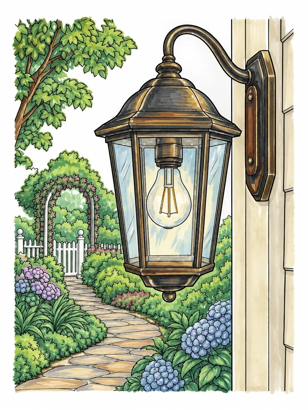 Colored example of the Porch Lantern Over Garden Path coloring page