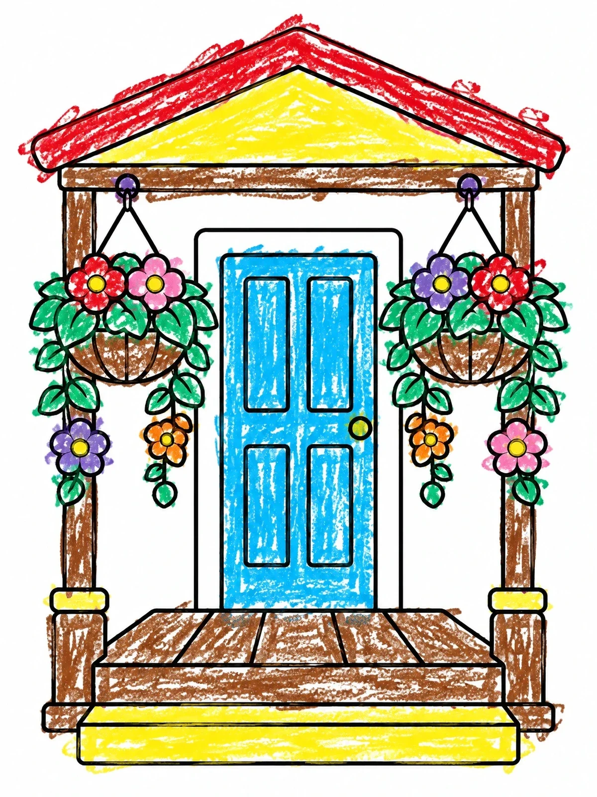Colored example of the Porch With Hanging Flower Baskets coloring page