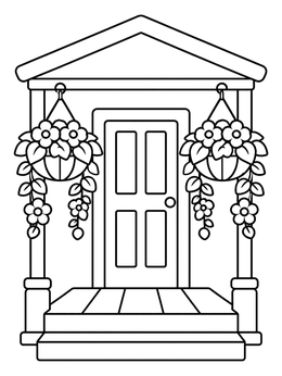 Free printable Porch With Hanging Flower Baskets coloring page