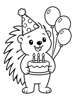 A porcupine coloring page featuring a happy porcupine holding a birthday cake with candles and balloons.