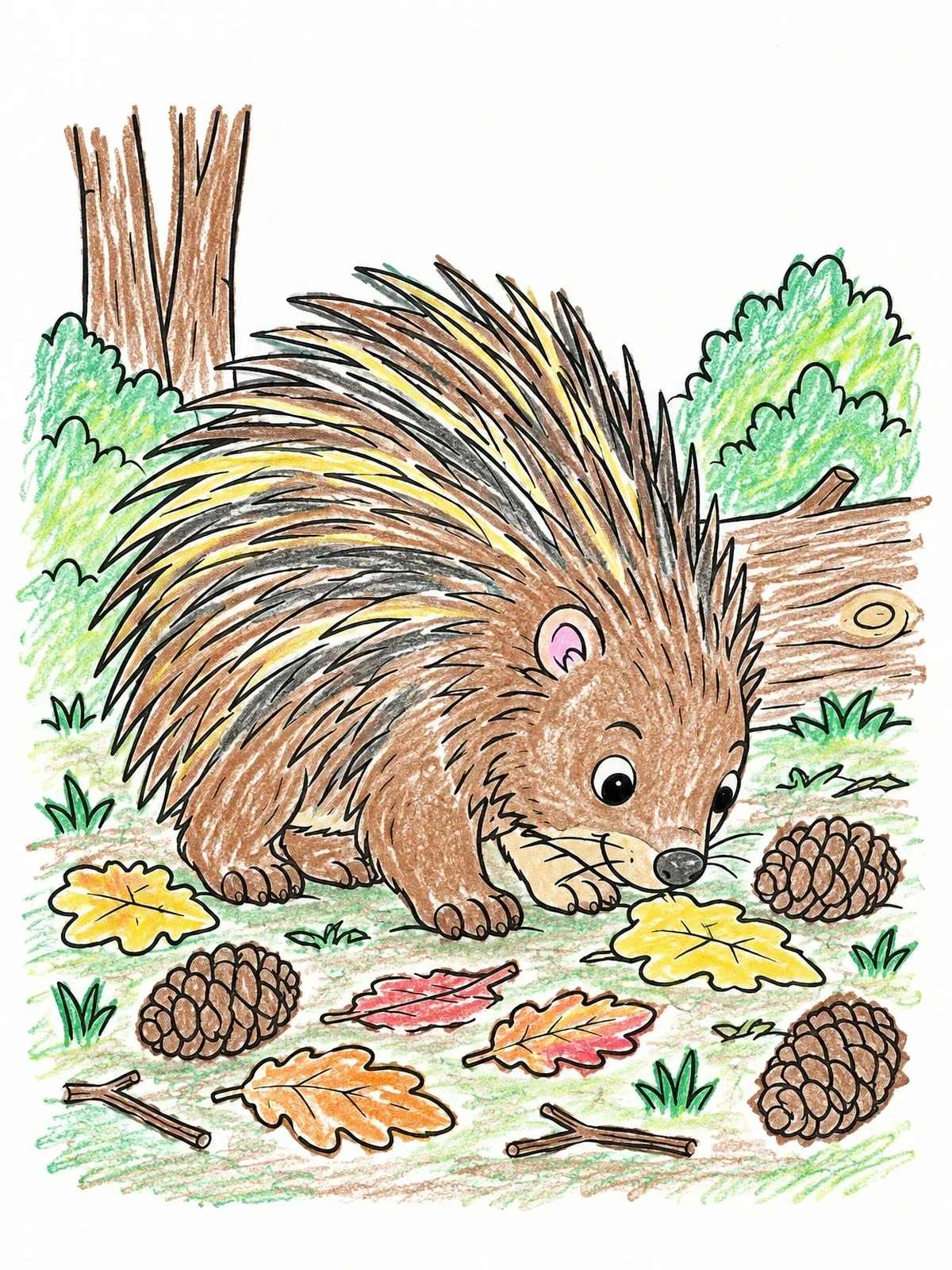 Colored example of the Porcupine Foraging On Forest Floor coloring page