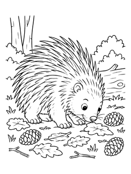 A cute porcupine coloring page showing the animal sniffing fallen leaves and pinecones in the woods.