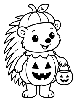 Happy cartoon porcupine coloring page wearing a pumpkin costume with a trick-or-treat bucket.