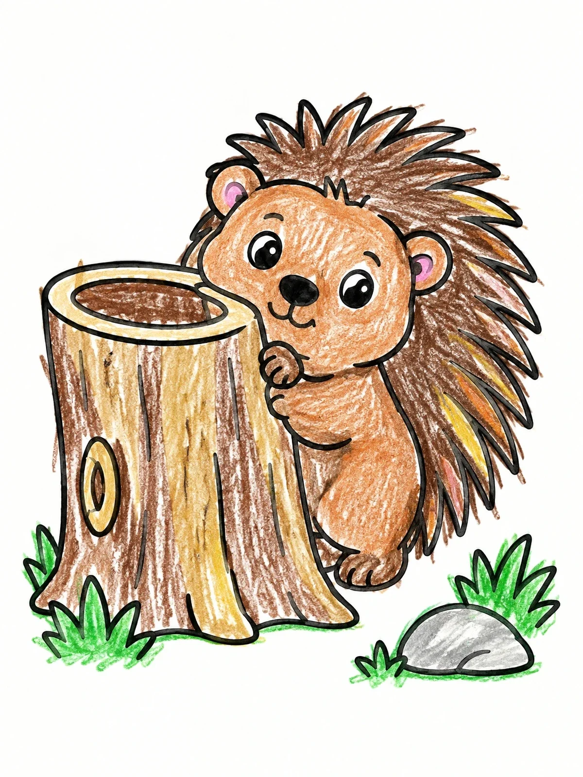 Colored example of the Cute Porcupine Hiding Behind Tree Stump coloring page