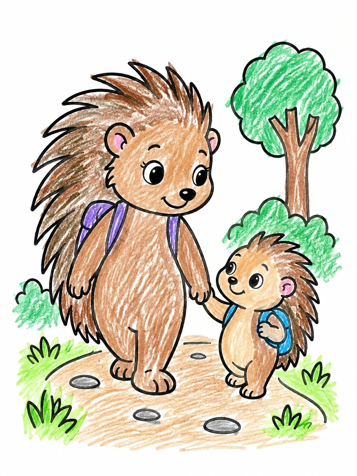 Colored example of the Porcupine Mother And Baby Walking coloring page