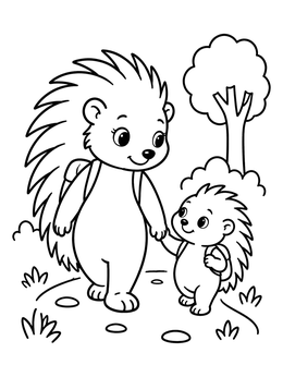 A cute mother and baby walking hand in hand on a porcupine coloring page.